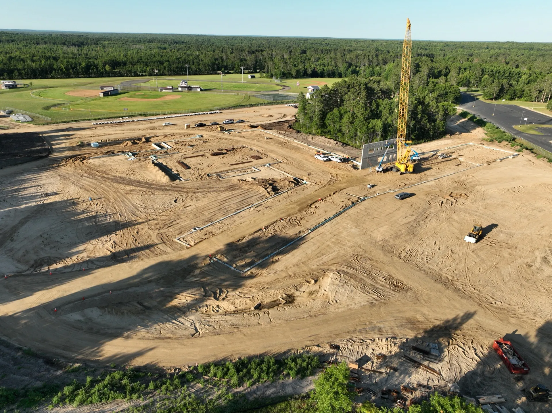 Aerial progress shot of the new Cass Lake-Bena school under construction in Cass Lake, Minnesota.