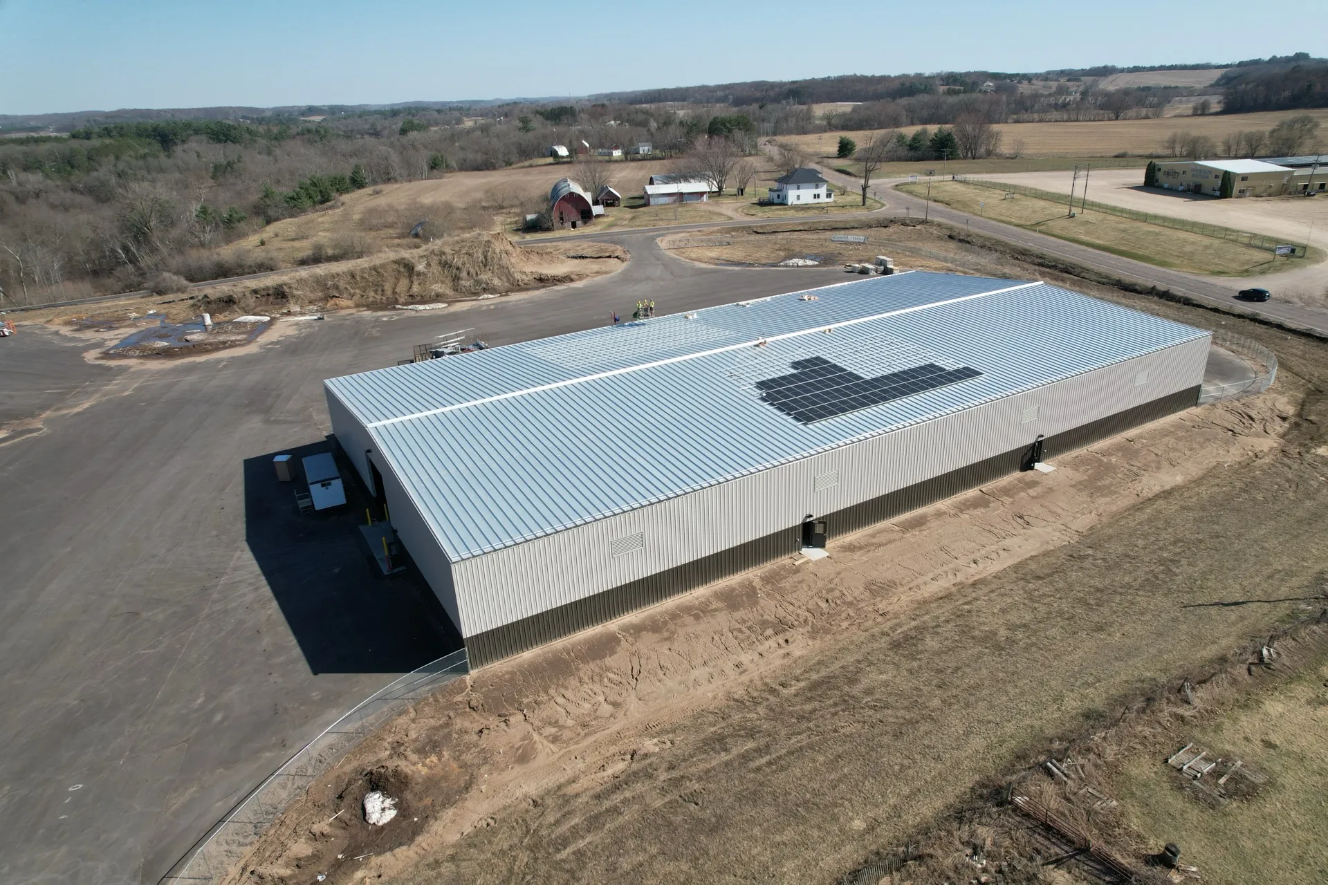 Aerial view of a large Department of Transportation facility under construction in Eau Claire, Wisconsin.
