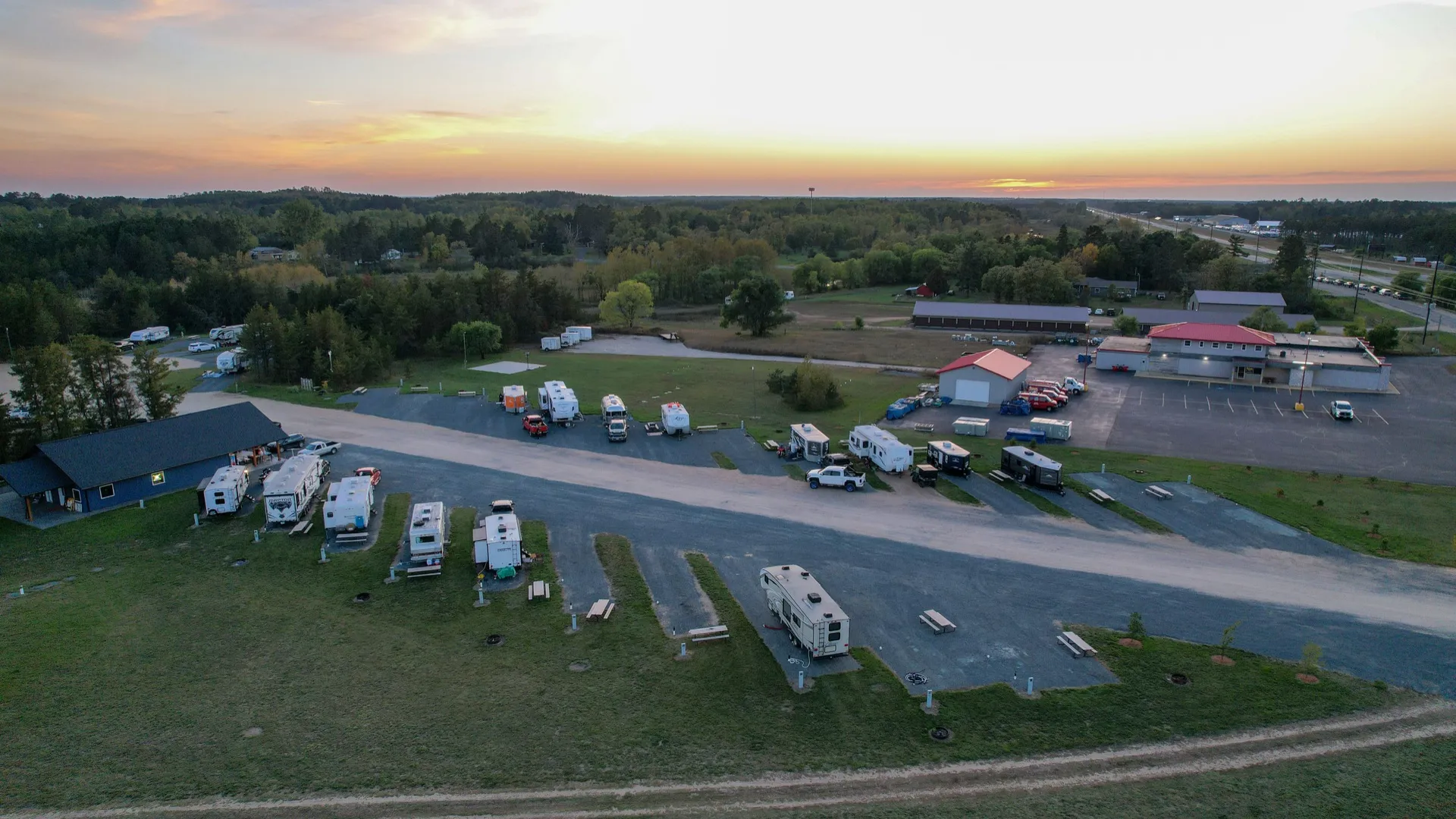 Aerial landscape of Grant Haven Campground outside Bemidji, Minnesota, with surrounding trees and water.