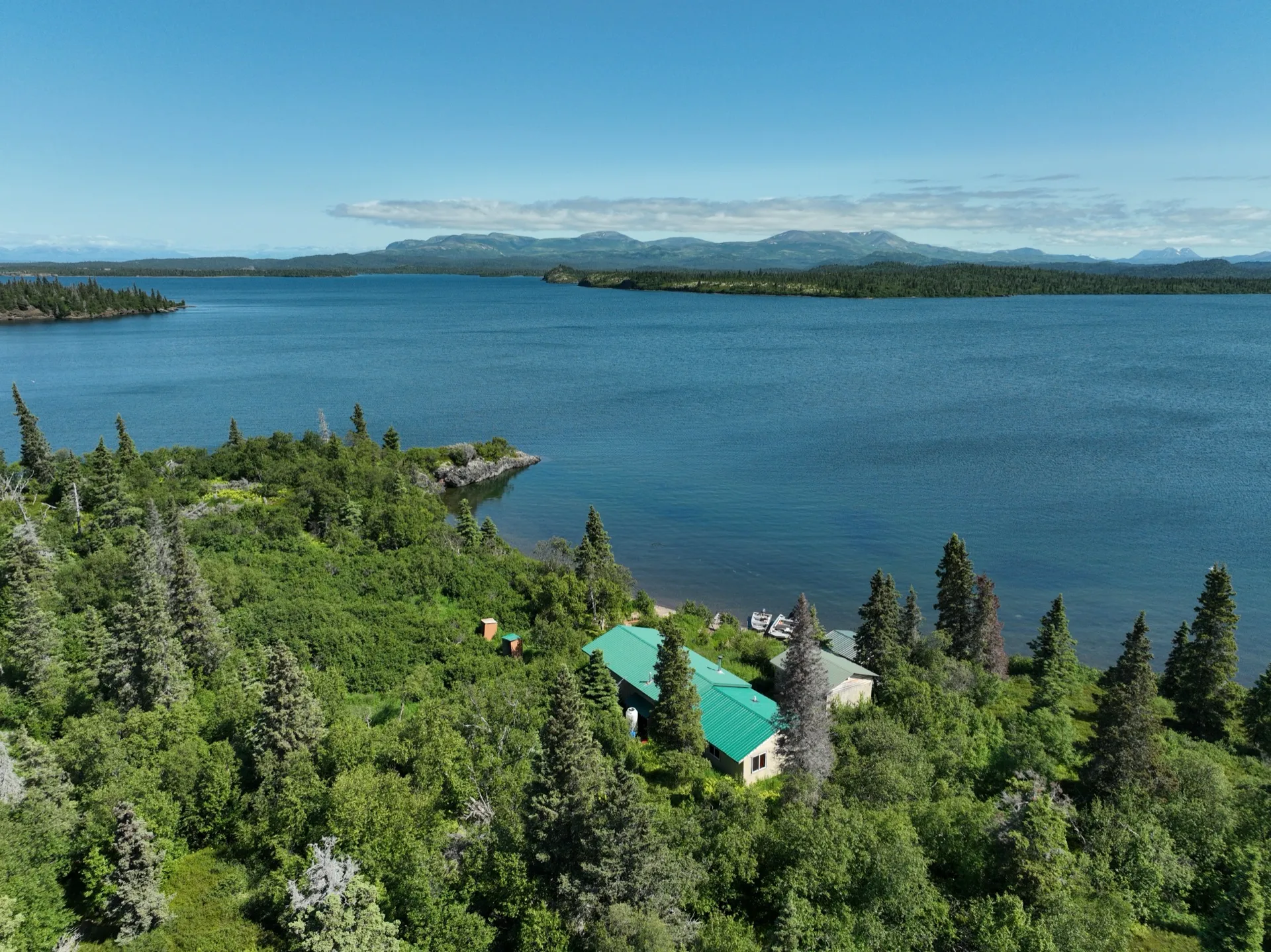 Aerial view of Legend Lodge on Lake Iliamna in remote Alaska.