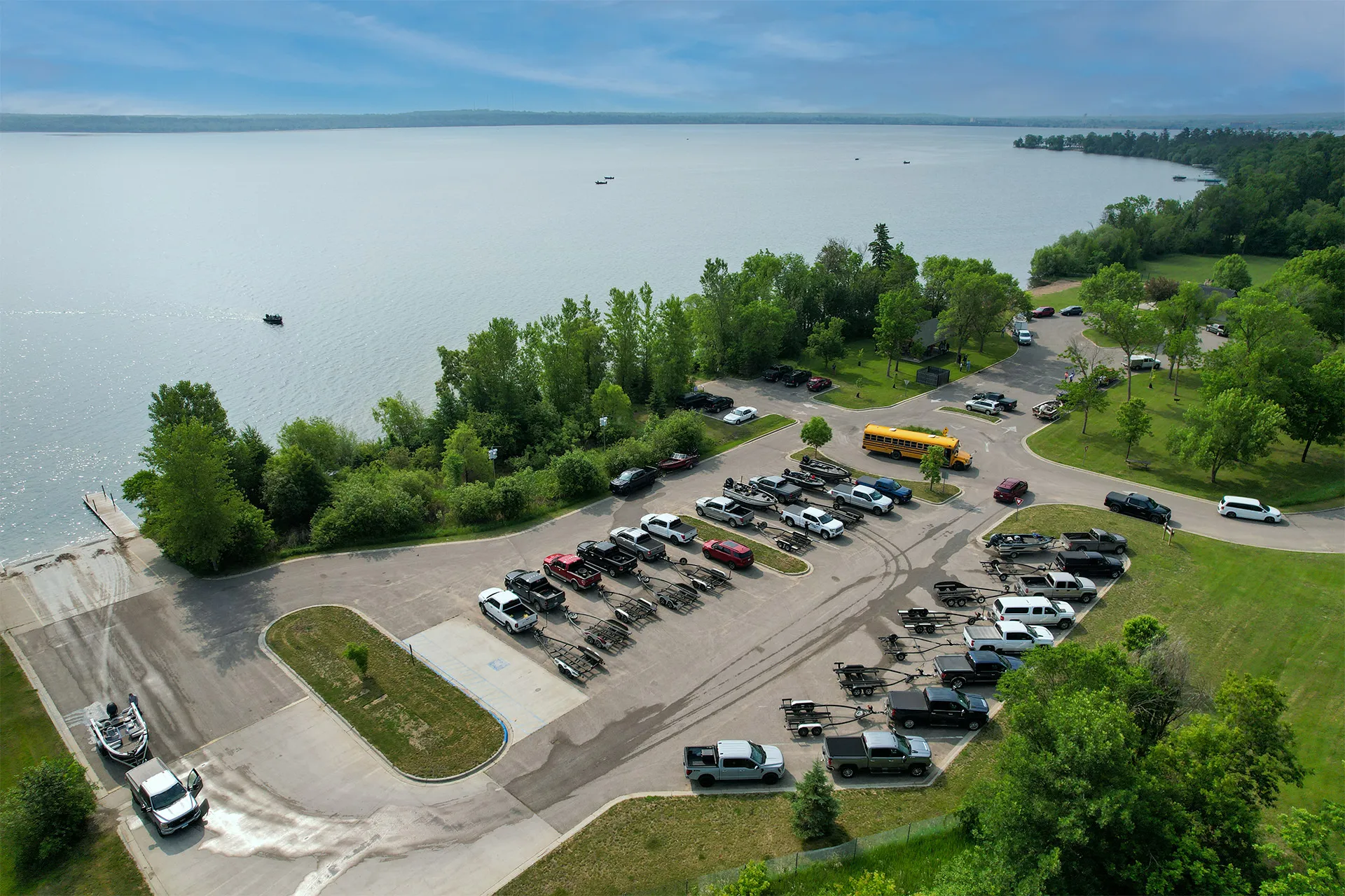 Aerial view of a Take A Kid Fishing community event on Lake Bemidji, Minnesota.